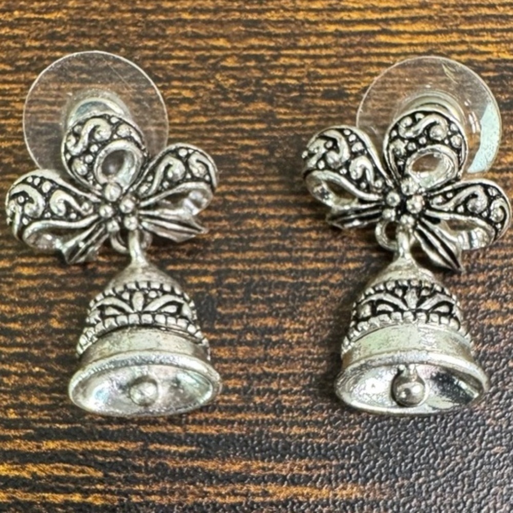 Adorable Christmas Silver Bell Earrings with Bow Design